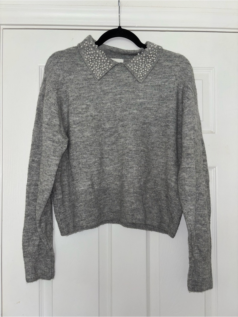 H&M Gray Pearl-Embellished Collar Sweater